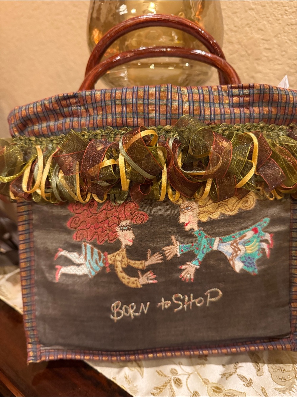 Born to Shop Embroidered Tote with Ribbon Trim